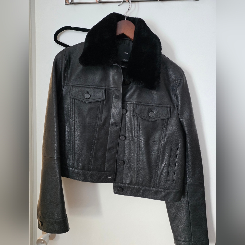 Mango Black Leather Jacket with Plush Collar